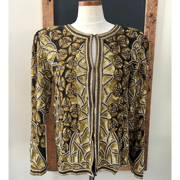 Vintage Handmade Silk Beaded Jacket M Gold India Wearable Art Collector Piece - Picture 12 of 16